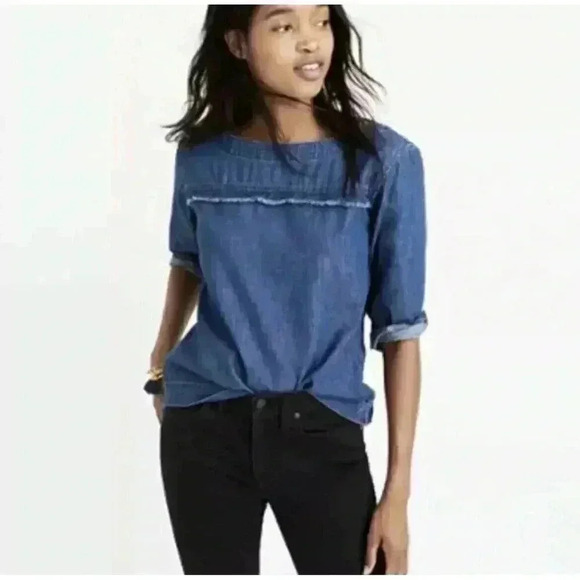 MADEWELL Denim Herald Tee Chambray Frayed Trim Blouse Blue Cotton Size L - Picture 1 of 10